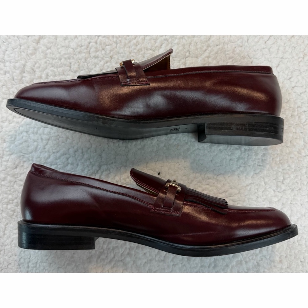 ZARA • Burgundy Leather Fringe Loafers w/ Gold Horsebit Hardware, EU 40 (US 9) - Picture 13 of 16
